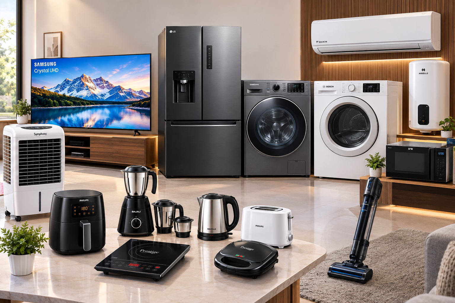 Electronics showroom with TVs, appliances and gadgets