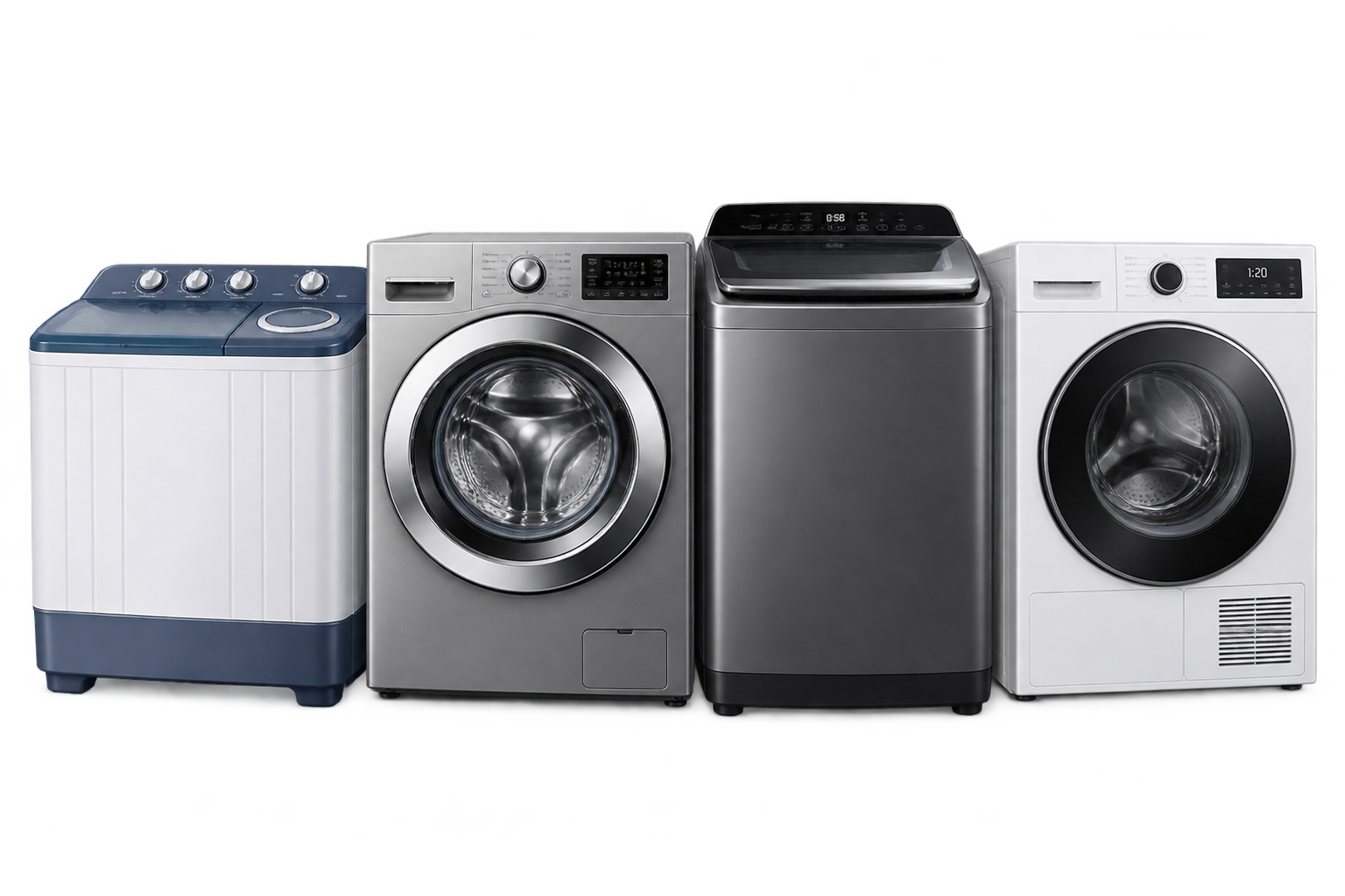 Modern front-load washing machine in a clean laundry room